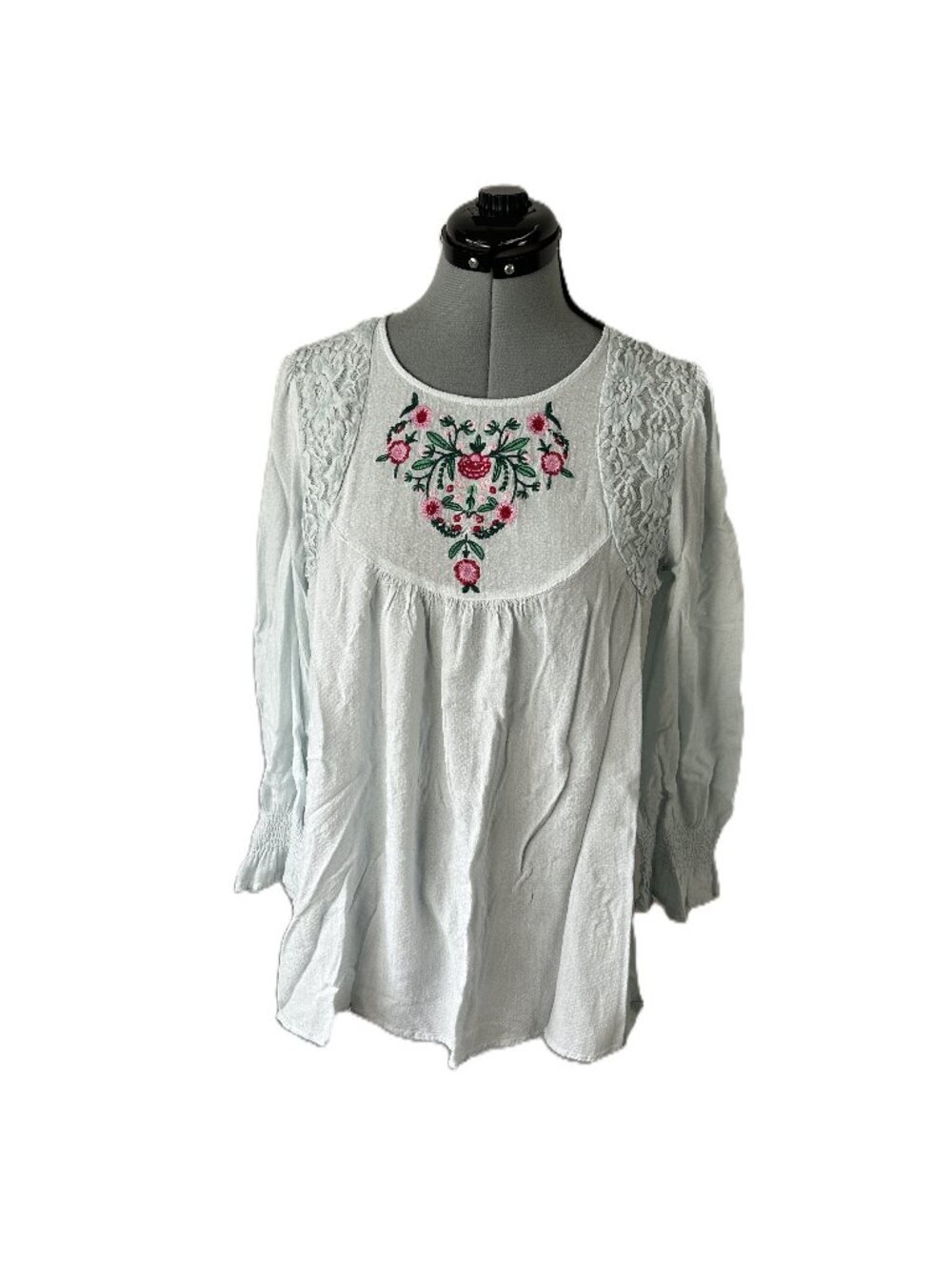 Cloth & Portrait Embroidered Lace Peasant Top Light Blue M